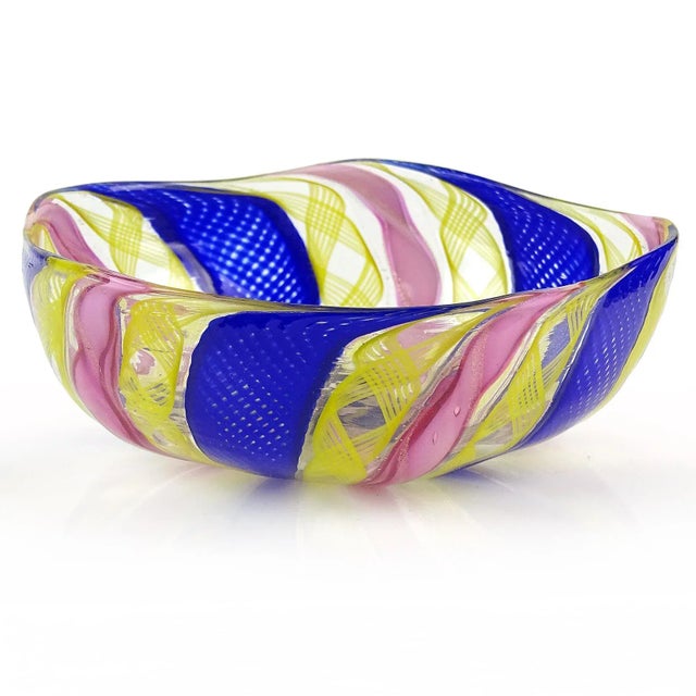 Art Deco Vintage Murano Cobalt Blue Pink Yellow Zafirico Ribbons Italian Art Glass Trinket Jewelry Ring Dish For Sale - Image 3 of 7