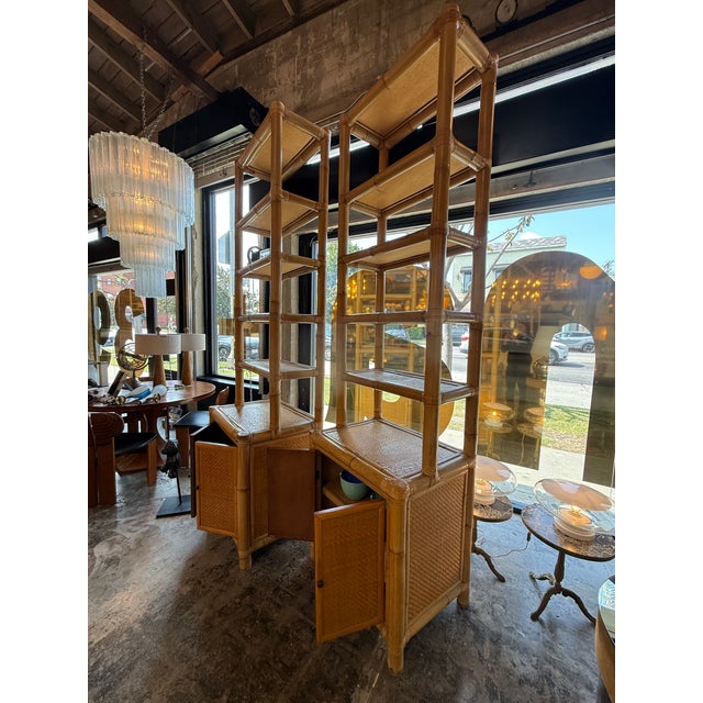Pair of Bamboo and Woven Rattan Bookcases With Cabinet Bases, 1970s For Sale - Image 11 of 13