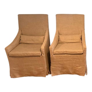Restoration Hardware Belgian Slope Arm Slipcovered Dining Armchair With Casters - Set of 2 For Sale