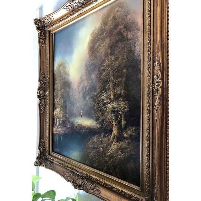 Vintage Signed Romantic Landscape Oil Painting in Ornate Gilt Frame For Sale - Image 10 of 11