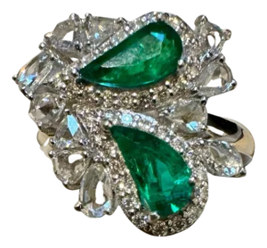 1.2Ct Finest Zambian Fancy pear Emerald & 1.3 Ct Diamond Ring, 18 Kt Gold , 7