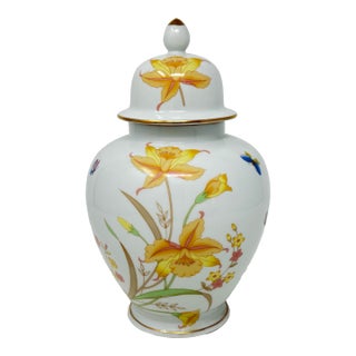 Vintage Japanese Porcelain Ginger Jar With Floral and Butterfly Motif For Sale