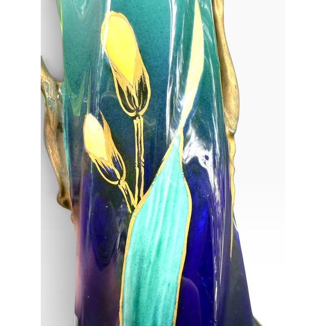 Teal Antique Carl Knoll Karlsbad Art Nouveau Hand-Painted Porcelain Iris Vase, Bohemia, Circa 1900 For Sale - Image 8 of 12
