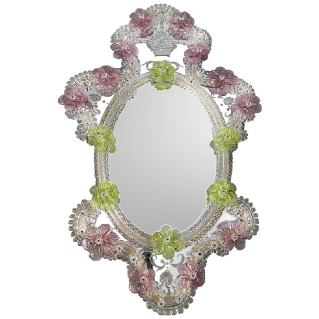 Venetian Oval Green and Pink Floral Hand-Carved Mirror by Simoeng, 2000s For Sale