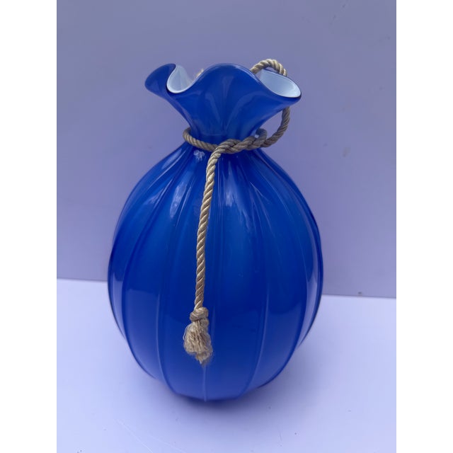 Large Vintage Hand-Blown 8" Blue Glass Opaline Money Bag Vase For Sale - Image 12 of 12