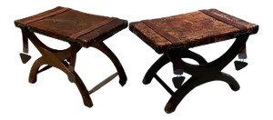 1940s Spanish Colonial Curule Stools Mahogany and Leather- Pair