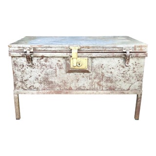 Early 20th Century Industrial Metal Trunk Chest on Stand With Patina Finish For Sale