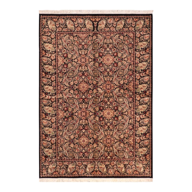 Art Nouveau Floral 1990's Doop Pak-Persian Black/Green Wool Rug - 6'3'' X 9'1'' For Sale