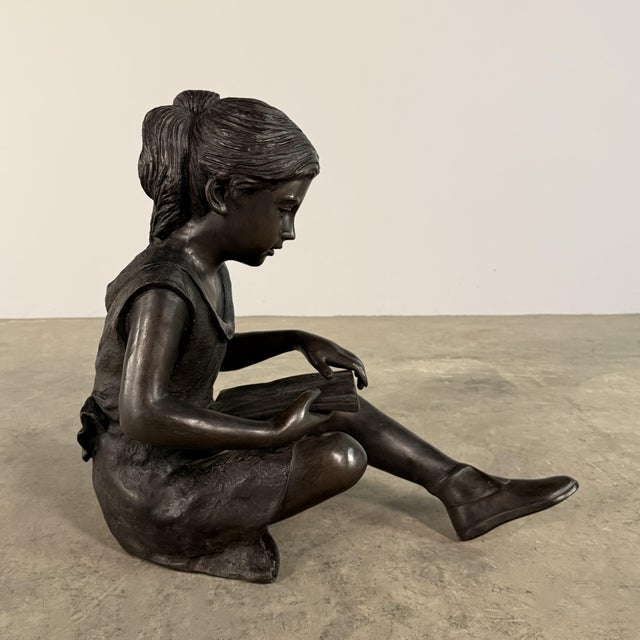 Metal Seated Bronze Girl Reading Sculpture – 21" H, Child With Book For Sale - Image 7 of 12