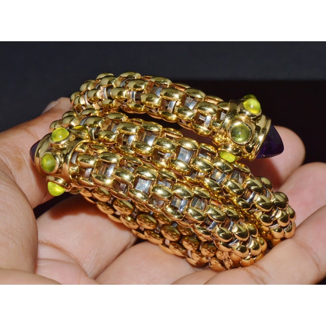 Rare Vintage Fope 18k Gold Double Wrap Twist Snake Bracelet With Amethyst & Peridot For Sale - Image 14 of 15