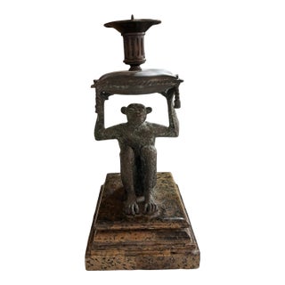 Vintage Bronze Finish Monkey Candlestick on Marble Base – Hollywood Regency Style For Sale