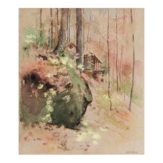 Small Late 19th Century Cabin in Woods Watercolor Painting For Sale
