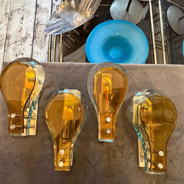 Set of Two 1970s Space Age Amber and Green Heavy Glass Wall Sconces by Veca For Sale - Image 14 of 18