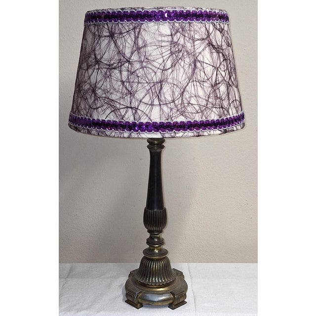 Mid-Century Modern German Table Lamp with Patinated Metal Base and Handmade Fabric Shade by Lamplove, 1950s, in Very Good...