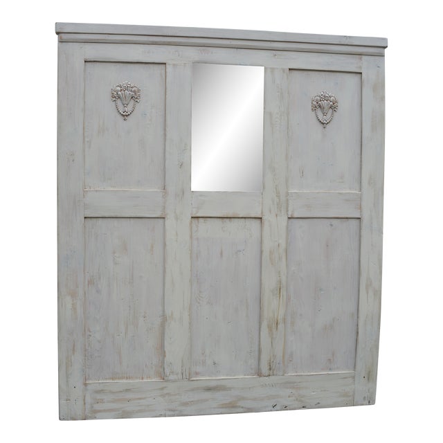 Handmade Tan Cream Pine Headboard or Wood Sliding Door Panel With Carved Florals & Mirror For Sale