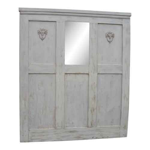 Handmade Tan Cream Pine Headboard or Wood Sliding Door Panel With Carved Florals & Mirror