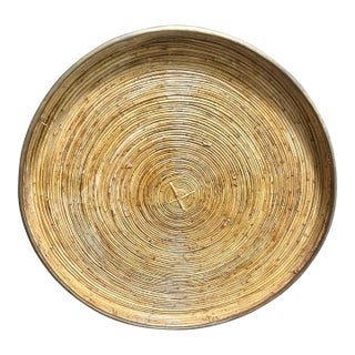 Oversized 35" Vintage Italian Pencil Reed Rattan & Brass Tray For Sale