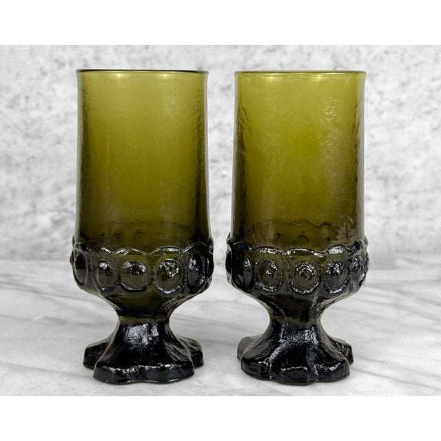 Vintage Gothic Brutalist Olive Green Glass Goblet Drinking Glasses - A Pair For Sale - Image 4 of 7