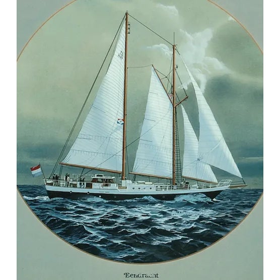 Amazing original circular watercolour & gouache portrait of the three masted schooner "Eendracht' from the Netherlands...