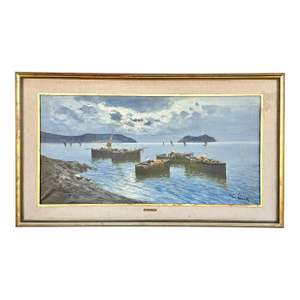 De Luca Italian Firenze Seascape Large Oil Painting, Signed & Framed, Impressionist Coastal Scene