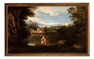 Unknown, River Landscape with Boat and Two Figures, Oil Painting, 17th Century