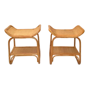 Pair of Asian Modern Handwoven Wicker & Rattan 2-Tier Side Tables