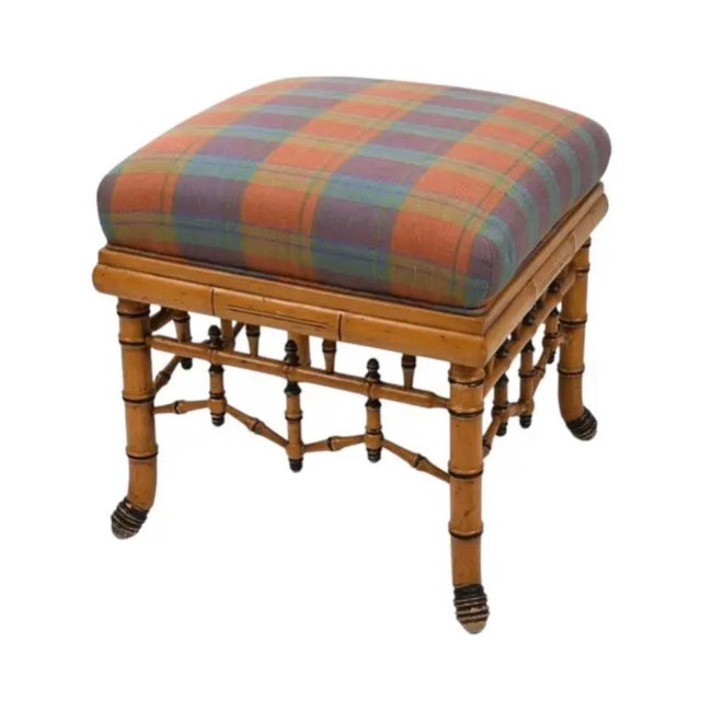 William Switzer Faux Bamboo Ottoman - BenchWith Plaid Upholstery For Sale - Image 11 of 15