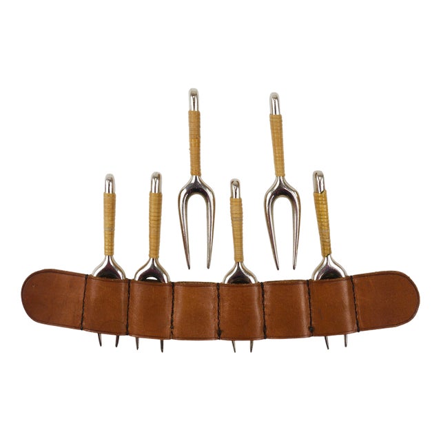 #3679 Corn Cob Skewers Forks with Leather Holder attributed to Carl Auböck, Vienna, Austria, 1930s, Set of 7 For Sale