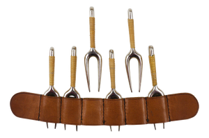 #3679 Corn Cob Skewers Forks with Leather Holder attributed to Carl Auböck, Vienna, Austria, 1930s, Set of 7