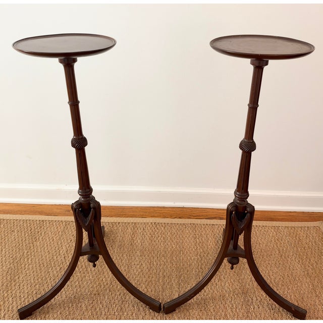 Mid Twentieth Century Solid Wood Regency Style Tall Pedestal Display Plant Stands With Mahogany Finish, Pair For Sale - Image 10 of 11