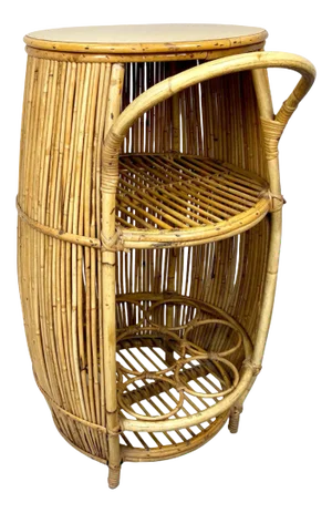 Bamboo Rattan Barrel Bar Cart Cabinet, Italy, 1960s