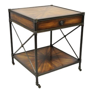 Late 20th Century Decorator Iron and Wood X-Frame One Drawer Square Modern Side Table For Sale