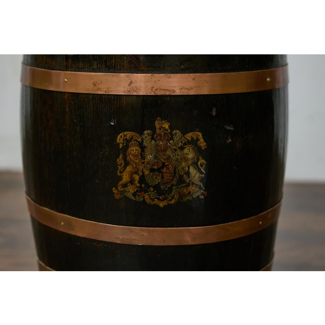 Wood English Wooden Barrel, Copper Braces, Royal Coat of Arms Transfer, Circa 1900 For Sale - Image 7 of 12