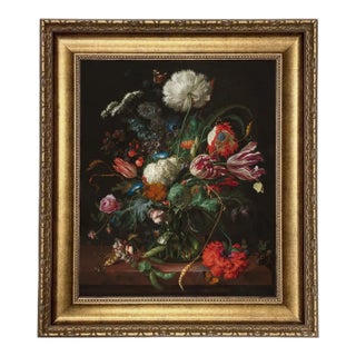 "Vase of Flowers" After Jan Davidsz DeHeem, Contemporary Reproduction Print on Canvas, Large Gold Frame, 16 x 20 For Sale