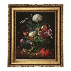 "Vase of Flowers" After Jan Davidsz DeHeem, Contemporary Reproduction Print on Canvas, Large Gold Frame, 16 x 20