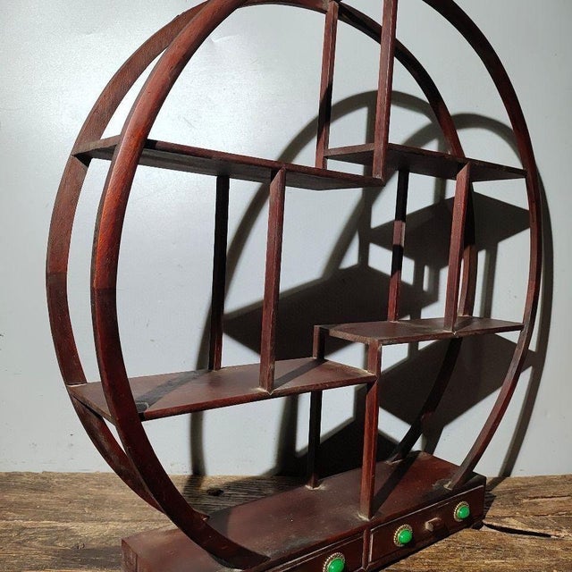Late 20th Century Vintage Chinese Round Rosewood Display Stand (Curio) With Drawers & Jade Accents - 60.5cm For Sale - Image 5 of 9