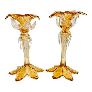 Hand Blown Murano Glass Palm Tree Candlesticks - a Pair For Sale
