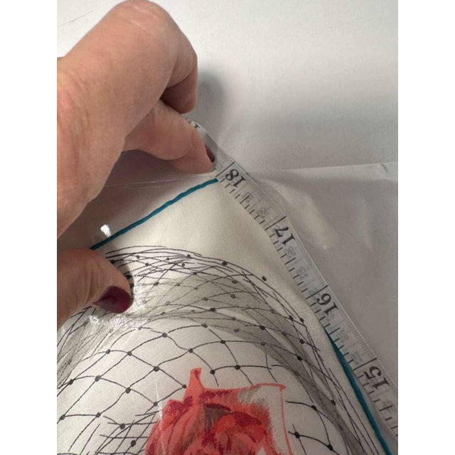 White Vintage 1940s French Rose Scarf Cotton Floral Handkerchief Hand Rolled Turquoise Edge Floral Illustration Romantic Accessories For Sale - Image 8 of 9