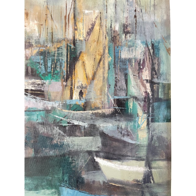 Paper 1960s Vintage Harbor Scene Jean Kalisch Abstract Painting Oil on Board For Sale - Image 7 of 12