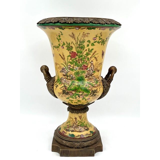 Vintage Chinoiserie Bronze Ormolu Mounted Yellow Porcelain Vase For Sale - Image 11 of 15