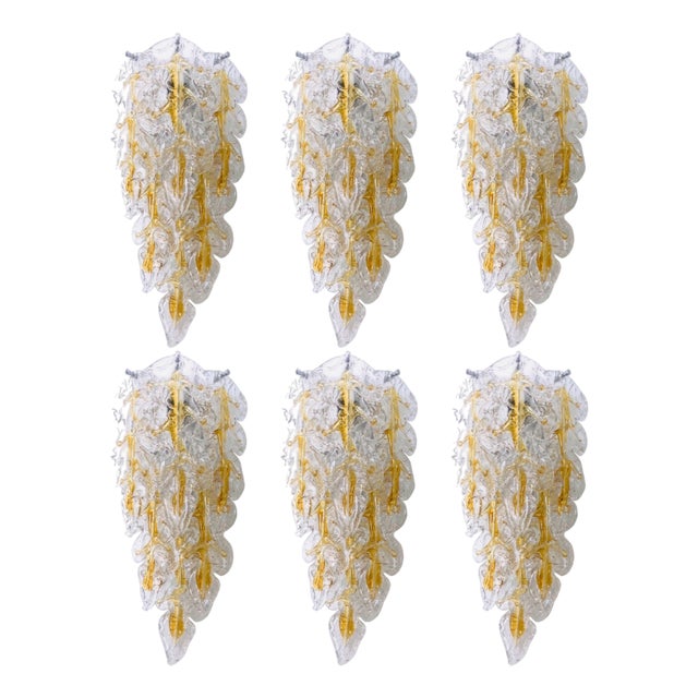 Mid-Century Modern Italian Murano Leaf Glass Wall Sconces from Mazzega, 1970s, Set of 6 For Sale