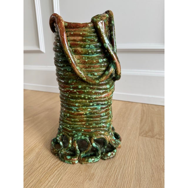 Signed 1981 Sculptural Studio Pottery Vessel With Loop Handles, Brown & Green Speckled Glaze For Sale - Image 4 of 8