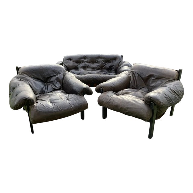 Mid-Century Brown Tufted Leather Armchairs & Ottoman in the style of Percival Lafer, 1960s, Set of 3 For Sale