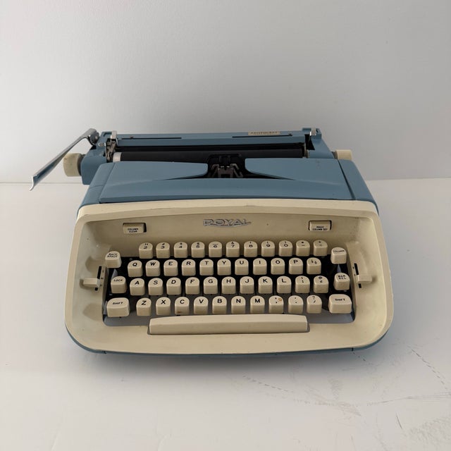 1950s 1950s Royal Aristocrat Blue and Cream Portable Typewriter With Case For Sale - Image 5 of 10