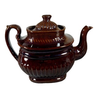Antique Glazed Redware Lidded Teapot For Sale