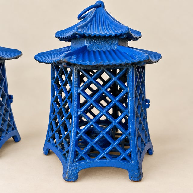Ink Blue Three Vintage Blue Chinoiserie Asian Cast Iron Pagoda Laterns - a Set For Sale - Image 8 of 9