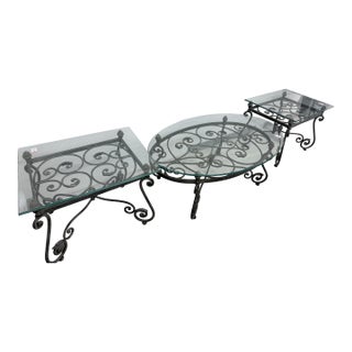 Vintage Wrought Iron French End Table Beveled Glass Top Ornate Rectangular For Sale