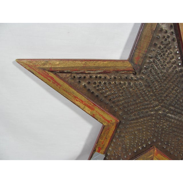 25" Vintage American Handmade Farm Barn Rustic Punched Tin and Wood Garnet Red Star Hanging Wall Art For Sale - Image 12 of 13