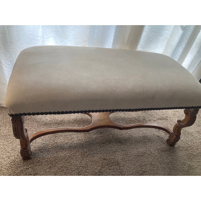 Kreiss Collection Original Beige Gorgeous Large Ottoman Studded With Wood Legs For Sale - Image 11 of 12
