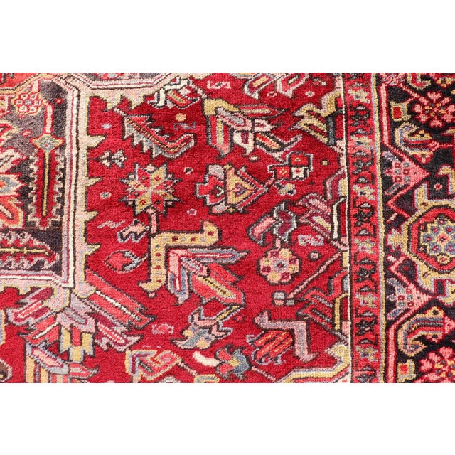 Vintage Heriz With Geometric Diamond Design in Reds, Ivory, Blue, Light Yellow Green & Charcoal For Sale - Image 9 of 13